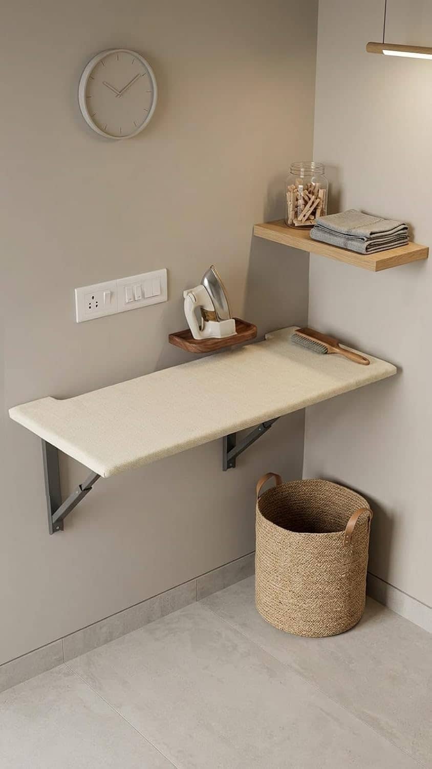 Foldable wall-mounted iron stand in laundry room